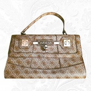 Vintage GUESS Metallic Gold Monogram Top-Handle Satchel Bag Y2K Girl Boss EUC